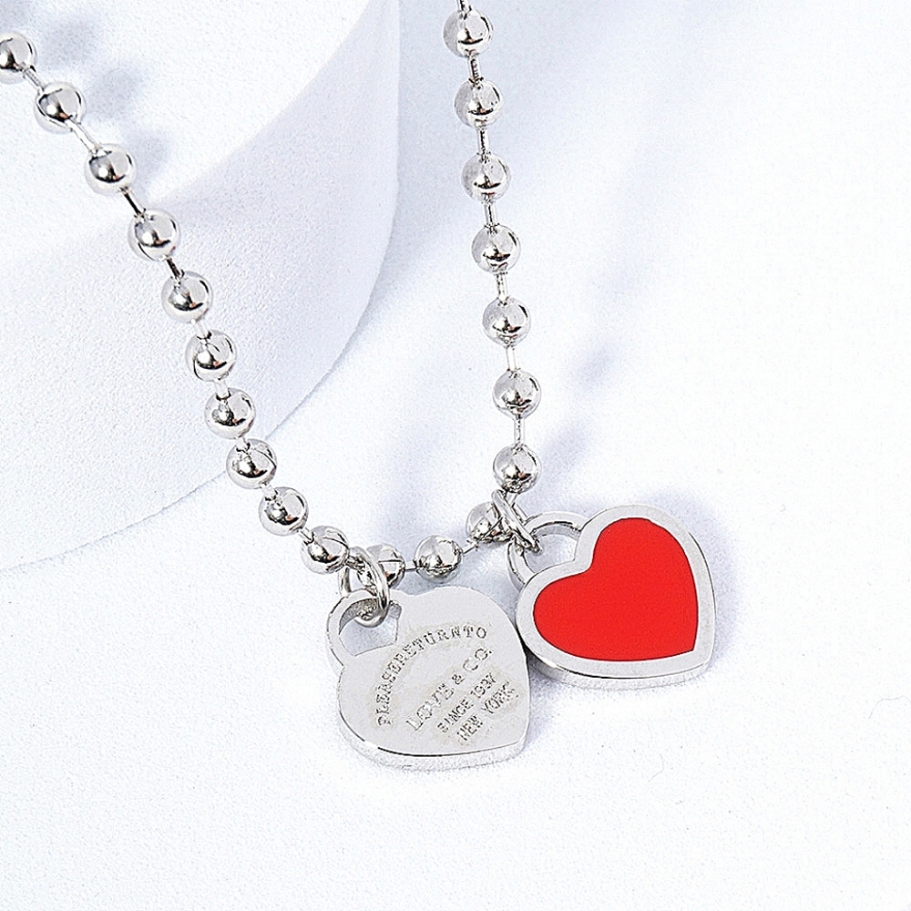 Red Double Heart Pendant Charm Necklace Dipped Metal Chain Link Bubble Silver